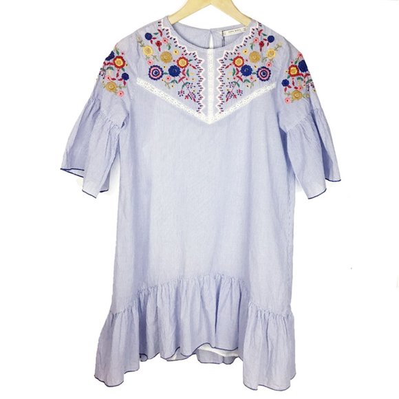 ZARA Blue & White Striped Floral Embroidered Dress - Picture 5 of 14